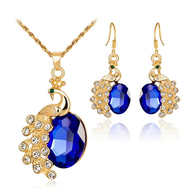 Lovely 925 Silver Plated Crystal Rhinestone Peacock Necklace Earring Jewelry Set Lovely 925 Silver Plated Crystal Rhinestone Peacock Necklace Earring Jewelry Set